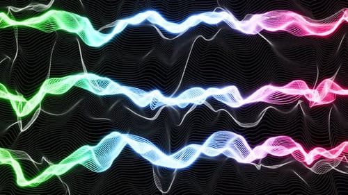 Loop seamless animation of wavy glowing lines on black background
