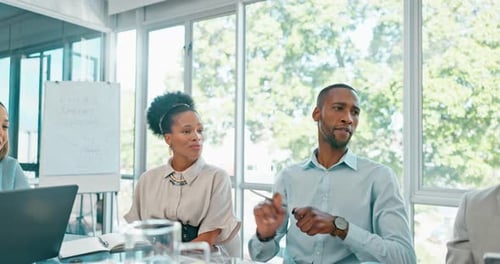 Happy, strategy or business people on tablet in meeting for analytics, networking