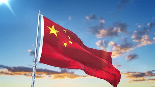 Realistic China Flag Waving in Blue Sky with Clouds
