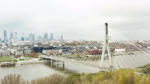 Aerial View of Świętokrzyski Bridge in Warsaw, capital of Poland (Warszawa, Polska). Downtown Skylin