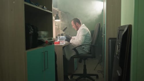 Man Working at Microscope in Smoky Laboratory