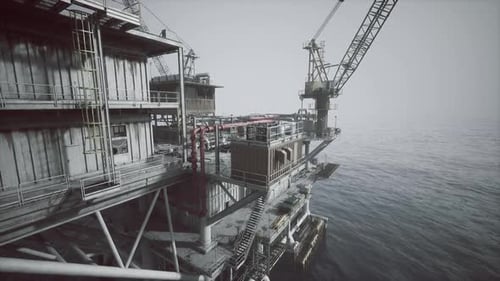 Detailed Offshore Oil Rig Platform with Cranes on the Open Sea
