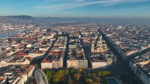 Stunning Sunrise, Aerial View Shot of Budapest city skyline, St. Stephen's Basilica