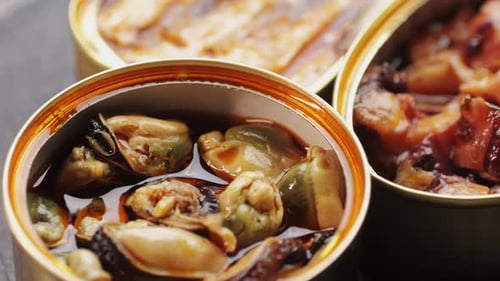 Spanish Fish Seafood Canned Preserves Food in Tin Open Cans