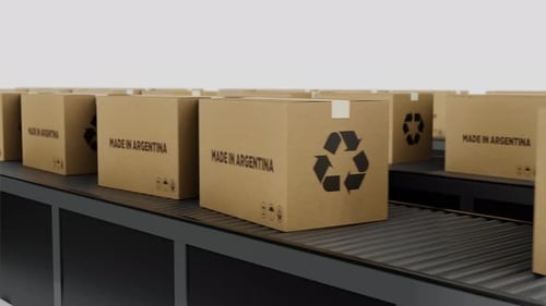 Stream Of Boxes Labeled 'Made In The Argentina' Moving On a Conveyor Line