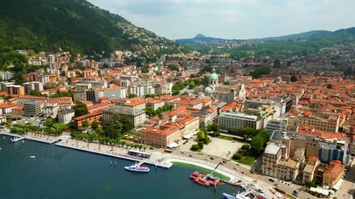 Aerial, drone view of Como, Italy on the shore of Lake Como