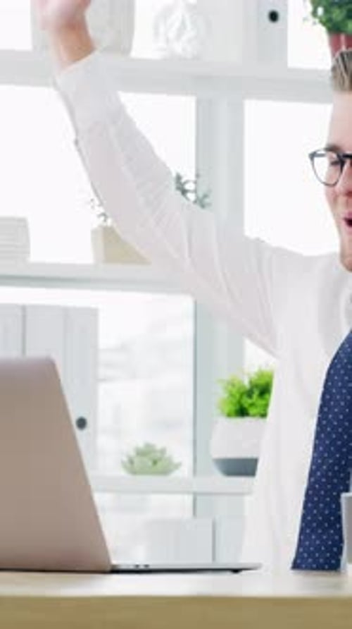 Fist pump, surprise and business man on laptop for good news, stock market bonus and success
