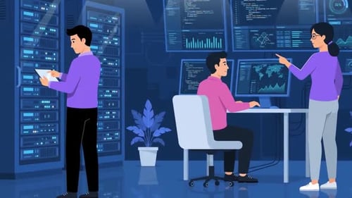 Cybersicherheitsteam überwacht modernes Rechenzentrum und Serverraum — Cloud Computing