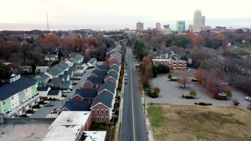 Winston Salem North Carolina, duplex housing with skyline in background