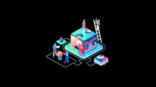 Colorful 3D puzzle with diverse characters and rocket on top