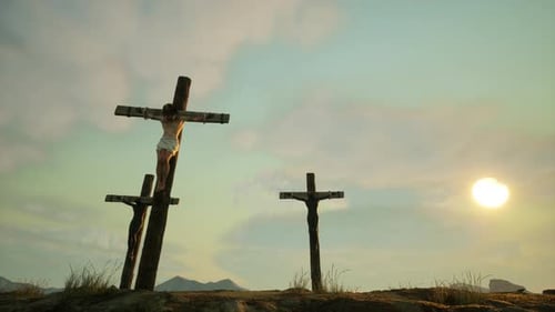 Crucifixion of Jesus Christ on Three Crosses at Sunset