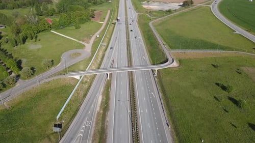 Drone Footage Capturing a Summer Highway Road Winding Through Lush Landscapes