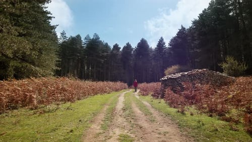 Man with Red Jacket Walking in Mountain Street