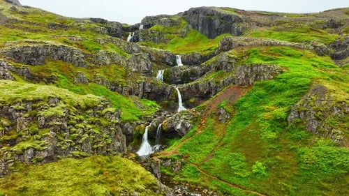 Waterfalls in Mountain Beautiful Aerial View From Iceland in Summer Season Icelandic Highlands Wild