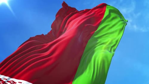 National Flag of Belarus Waving in Blue Sky