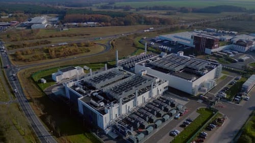 Data center building global cloud ai computing. Unique aerial view flight drone