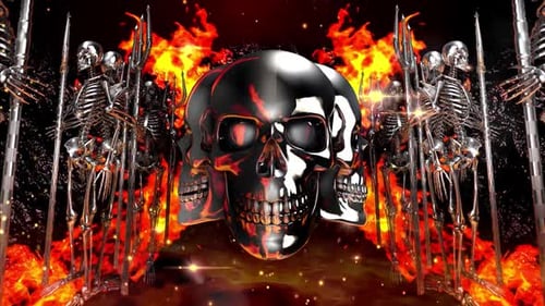 Fiery Chrome Skulls and Skeletons Rotating Loop