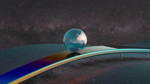The Glass Ball of the Planet Earth Smoothly Rolls Along the Wave Chrome Surface Against the
