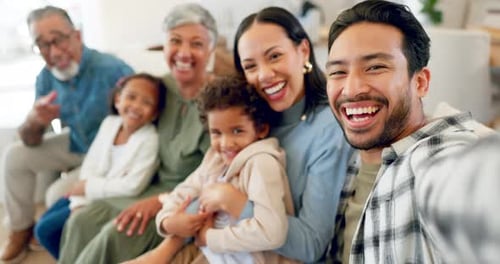 Happy big family, sofa and selfie laughing for photograph, memory or bonding in living room at home