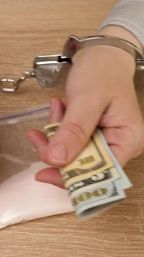 Hand in Handcuffs Holding Money Near Drugs