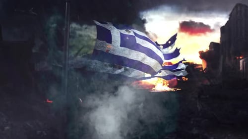 Grungy Greek Flag Reveal in Battlefield Environment