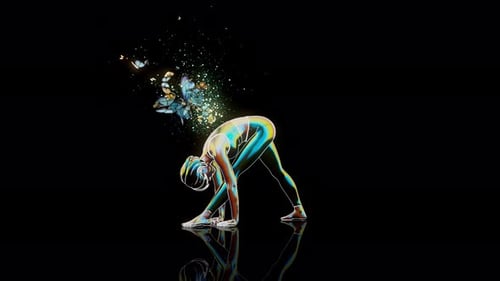 Animation 3D conceptuelle d'une femme pratiquant le yoga uttanasana avec des papillons