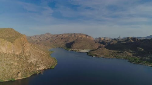 AERIAL - Drone Pan Shot of Desert Lake (Canyon Lake)