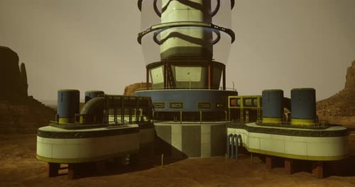 Futuristic Building in a Desert Landscape with Advanced Technology Features