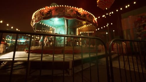 Empty Amusement Park at Night with a Colorful Carousel and Dim Lights
