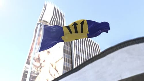 Realistic Barbados Flag Waving Against Modern Cityscape