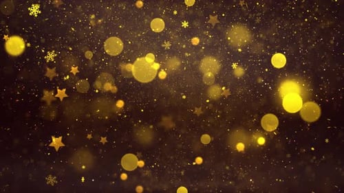 Festive Golden Particles with Bokeh, Stars, and Snowflakes