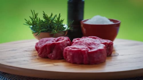 BBQ in the garden. Filet mignon on the table with seasonings, salt pepper, rosemary.
