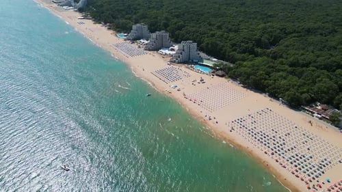 Aerial View of a Crowded Beach with Rows of Umbrellas and Sunbeds Along the Shore and People