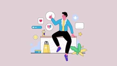 Animated Flat Design Character and Social Media Engagement Icons