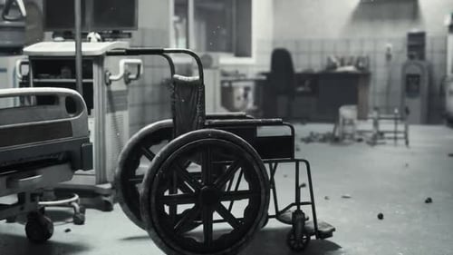 Abandoned and Derelict Hospital Interior with a Forgotten Wheelchair