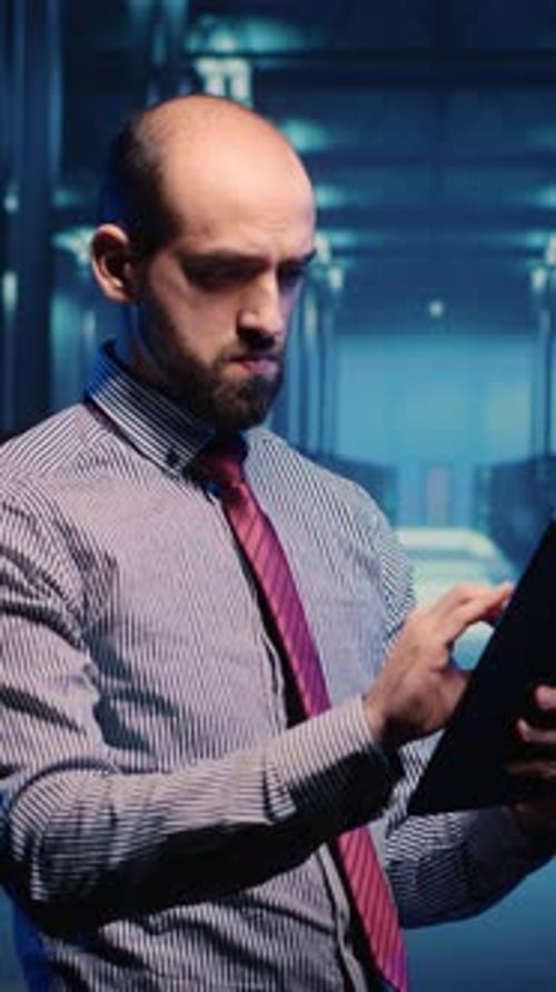 Vertical Video Data Center IT Engineer Standing in Server Room