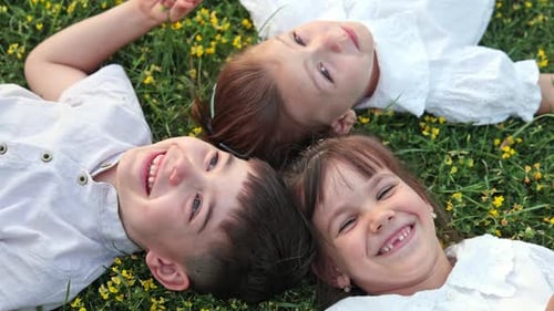 group of kids lying on grass head to head in circle and smiling, top view.