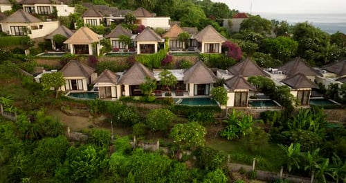 Secluded Villas On Tropical Hotel Resort In Amed, Bali Indonesia. Aerial Shot