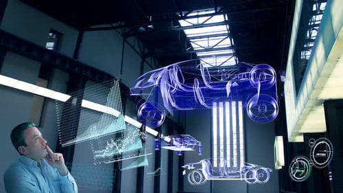 Futuristic Holographic Car Design and Data Analysis Display