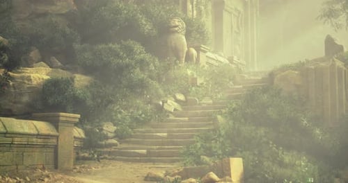 Ruines anciennes avec escaliers envahis par la végétation et lion de pierre dans une forêt brumeuse