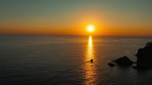 Rock Formation at Sea at Sunset, forest, boat