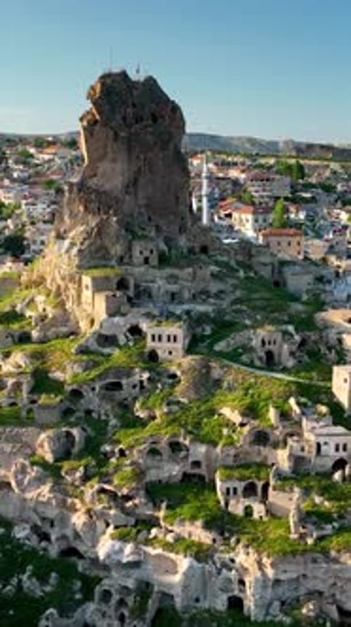 Vidéo verticale : vue aérienne impressionnante d'Ortahisar, Turquie, Cappadoce
