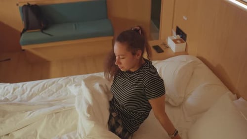 Traveler Welcomes Fresh Morning Peacefully Woman Starts Her Day Quietly in Hotel Room Early Morning