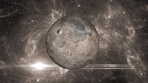 Rotating Cratered Moon in Deep Space with Nebula Background