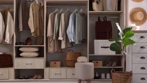 Armoire avec différents vêtements élégants et articles pour la maison à l'intérieur. La caméra se déplace vers le haut