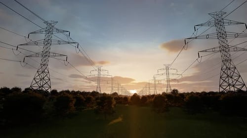 Time Lapse High-Voltage Power Lines At Sunset