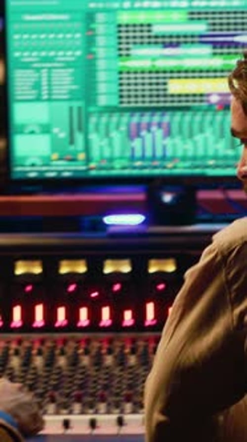 Young Adult at Audio Mixing Board in Studio