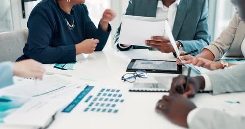 Company report, hands and boss with feedback, boardroom and stats in documents with tech
