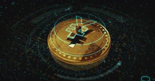 Digital Yen Coin Animation with Futuristic Technology Background