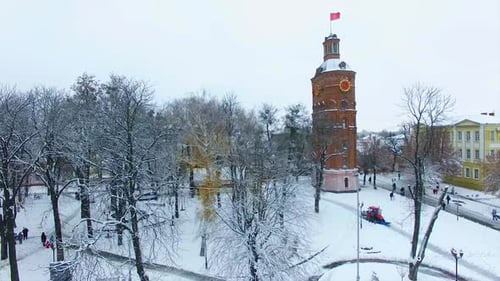 Square with old water tower in the centre of Vinnytsia, Ukraine.